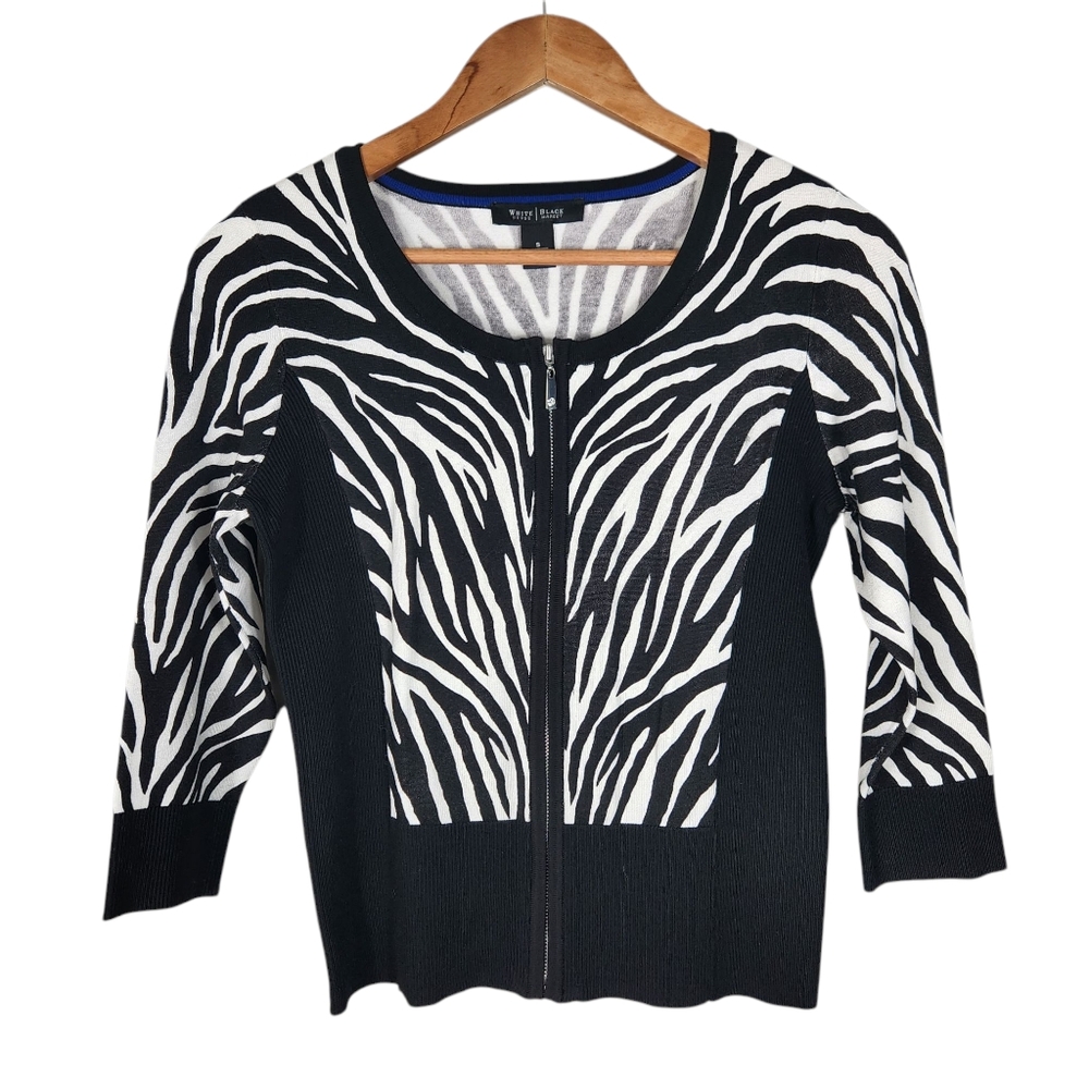 White House Black Market Zebra Print Cardigan Sweater S Zip Front Illusion Slim